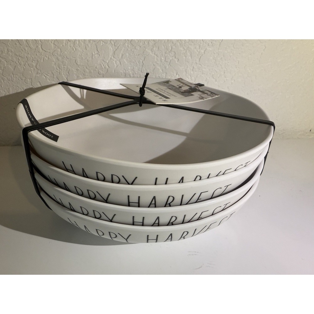 Rae Dunn Set of 8 White w/Black "Happy Harvest" Melamine‎ Dinner Bowls 9" - Picture 2 of 7